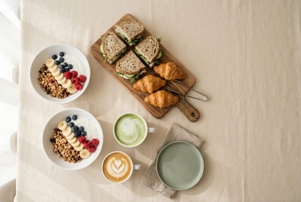 Catering-Aufbau von oben: Bowls mit Granola und Beeren, belegte Sandwiches und Croissants auf einem Holzbrett, Matcha Latte und Flat White